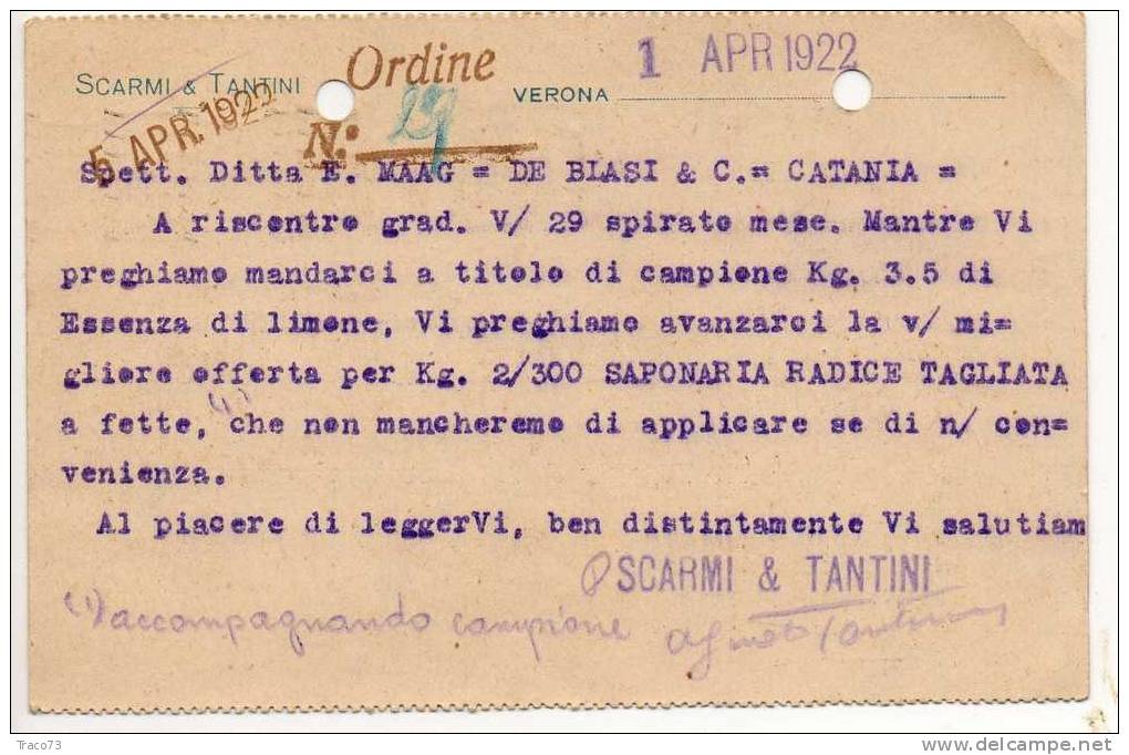 VERONA  01.04.1922 - Card Cartolina - " Ditta  SCARMI & TANTINI "  Firma  RR - Reklame