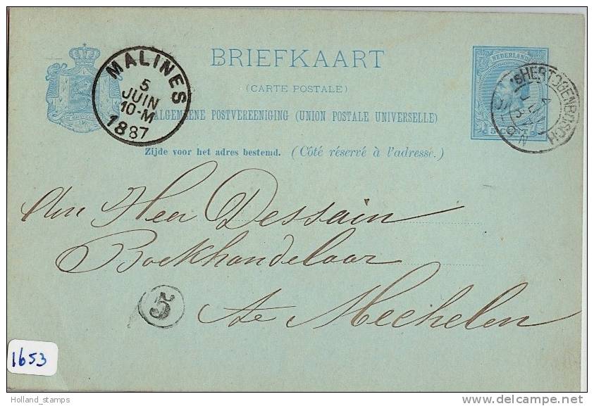 HANDGESCHREVEN BRIEFKAART NVPH NR. 19 's-BOSCH Via MALINES Naar MECHELEN  (1653) - Postal Stationery