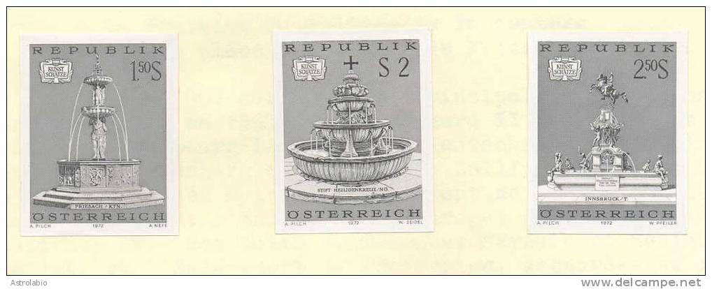 Autriche 1972 " Fontaines "  épreuve En Noir, Black Proof, Schwarzdruck Auf Blatt. Yvert 1211/3 - Proeven & Herdruk