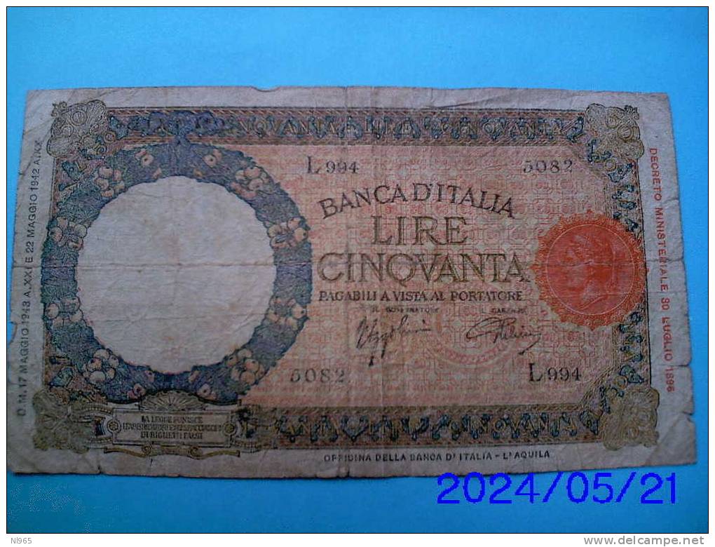 REGNO D´ ITALIA -  LIRE CINQUANTA ( 50 ) LUPETTA ( FASCIO ) -  ANNO 13/02/1943 - 50 Liras