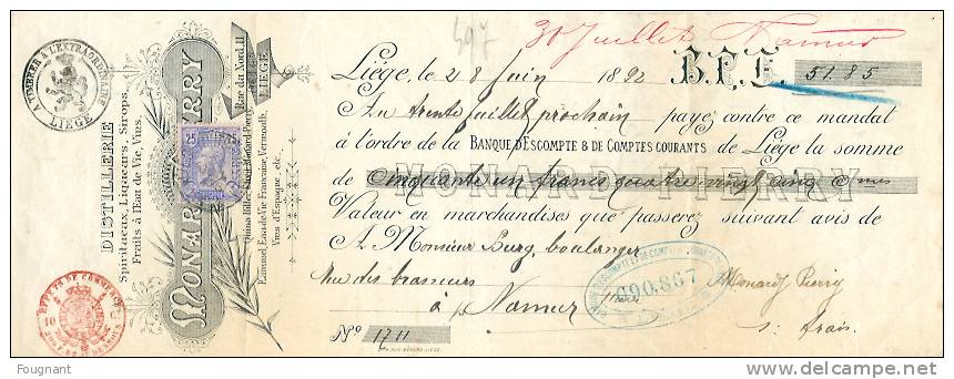 Belgique:Distillerie Monard. Liège . 1892. - Invoices