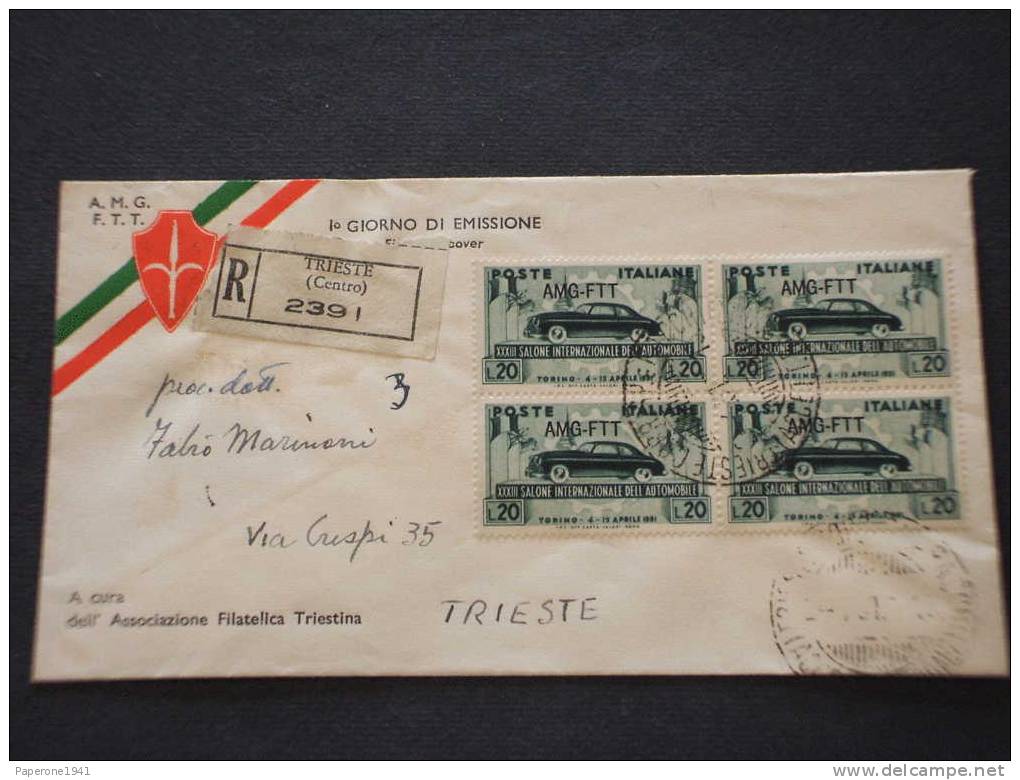 TRIESTE A FDC AFFR.TA SALONE AUTO L. 20 QUARTINA.RACCOMANDATA VIAGGIATA. - Storia Postale