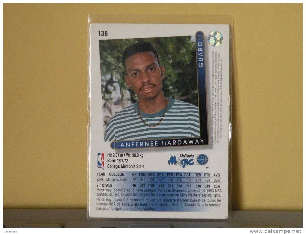 Orlando Magic - G - 92 / 93 ( Carte ) ANFERNEE HARDAWAY - N.B.A .n° 138 . 2 Scannes - Orlando Magic