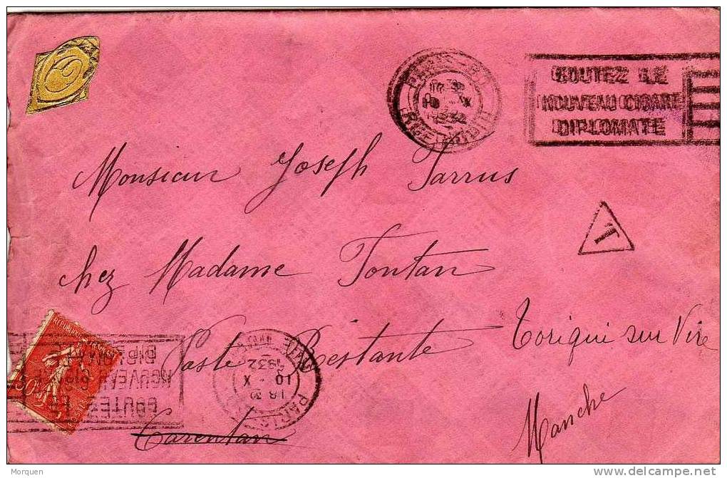 Carta PARIS (rue Dupin) 1932 A Carentan. TAXE - 1903-60 Semeuse Lignée