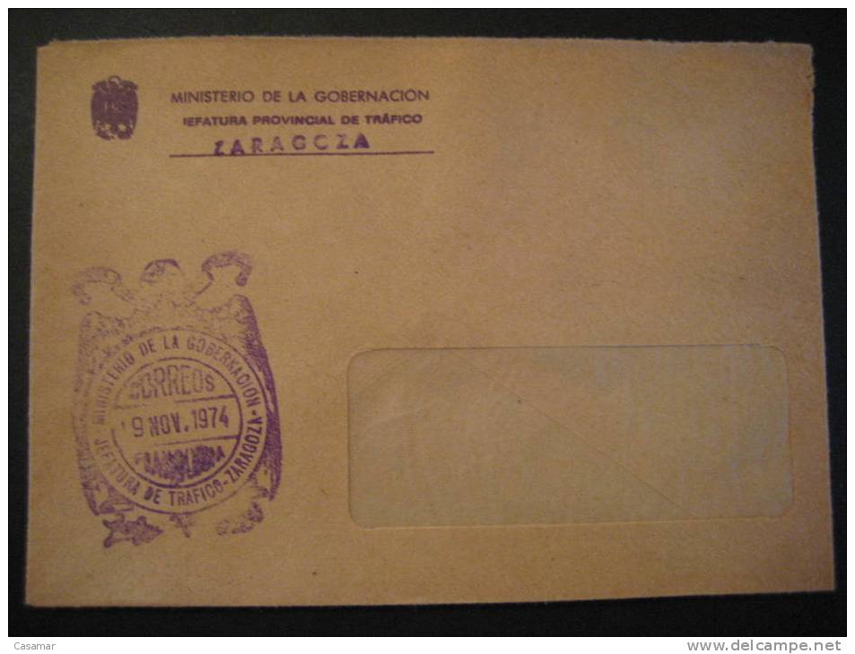 ZARAGOZA 1974 Ministerio Gobernacion Jefatura Provincial Trafico FRANQUICIA Postal Escudo Coat Of Arm Sobre Cover Lettre - Franchise Postale