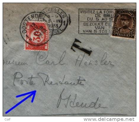 341 Op Brief Met Stempel BRUXELLES, Naar "POSTE RESTANTE OSTENDE", TX35 Aangetbracht Voor Poste Restante - 1931-1934 Mütze (Képi)