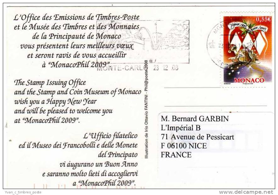 MONACO CARTE POSTALE MEILLEURS VOEUX DE L OFFICE DES TIMBRES AFFRANCHISSEMENT NOEL - Poststempel