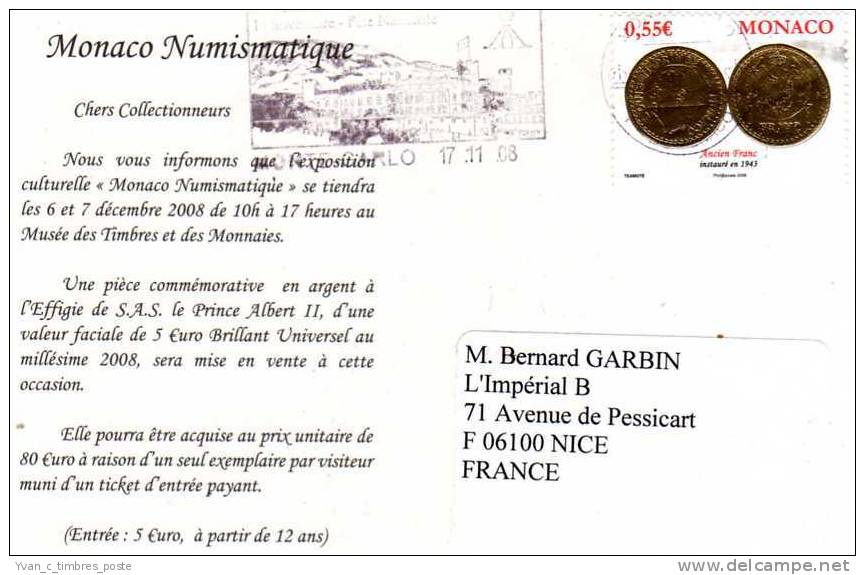 MONACO CARTE POSTALE EXPOSITION INTERNATIONALE NUMISMATIQUE AFFRANCHISSEMENT MONNAIE FRANC - Marcophilie