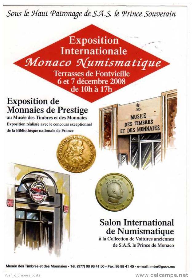 MONACO CARTE POSTALE EXPOSITION INTERNATIONALE NUMISMATIQUE AFFRANCHISSEMENT MONNAIE FRANC - Postmarks