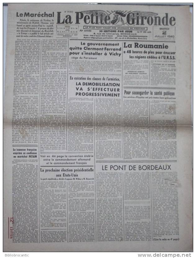 JOURNAL "LA PETITE GIRONDE" Du 2 Juillet 1940 - MARECHAL PETAIN+GOUVERNEMENT QUITTE CLERMONT-FERRAND POUR VICHY  Etc... - Encyclopaedia