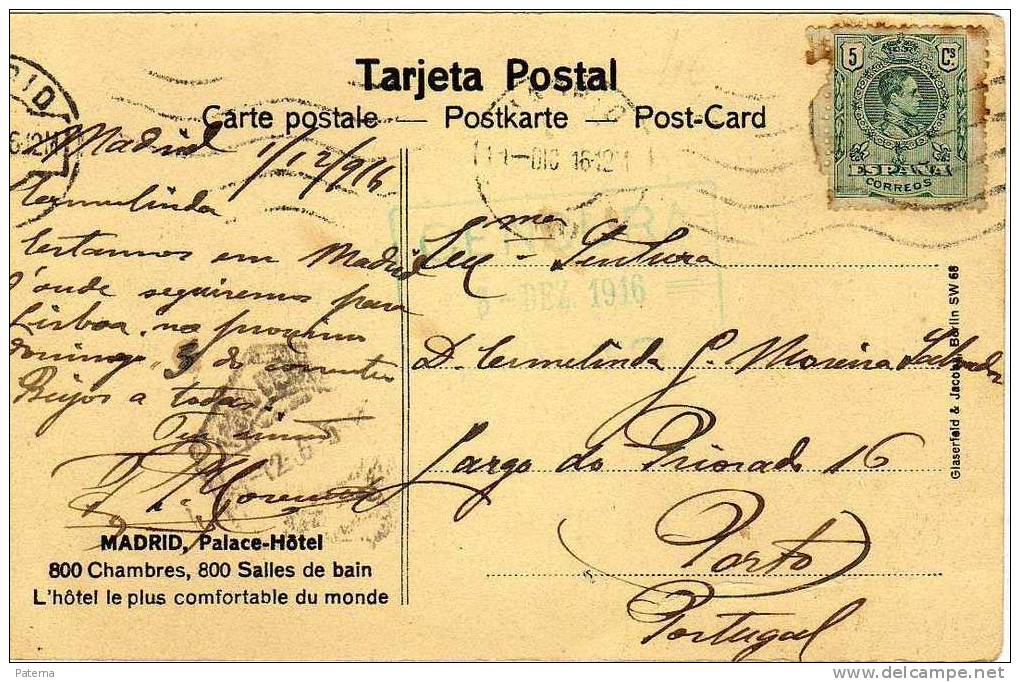 3757  Postal Privada HOTEL PALACE- MADRID 1916, Marca De Censura,censor Mark - Covers & Documents