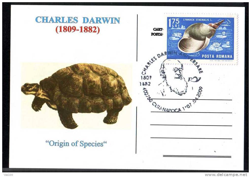 Charles Darwin,obliteration Concordante 2009 "Origin Of Species" Postcard  Romania. - Turtles