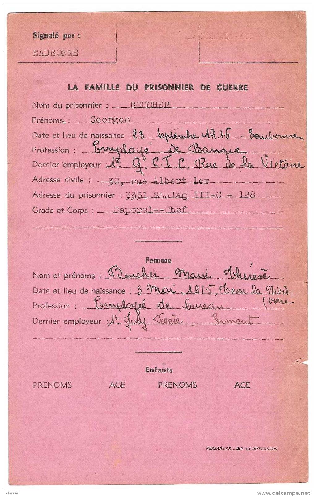 FICHE DE PRISONNIER DE GUERRE à Alt- DREWITZ N° 3351STALAG III-C-128    CAPORAL CHEF RENTRE MAI 1945 - Documents Historiques