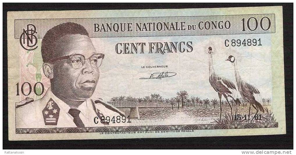 CONGO P6  100  FRANCS    15.11.1961    VF  2 P.h. - Non Classés