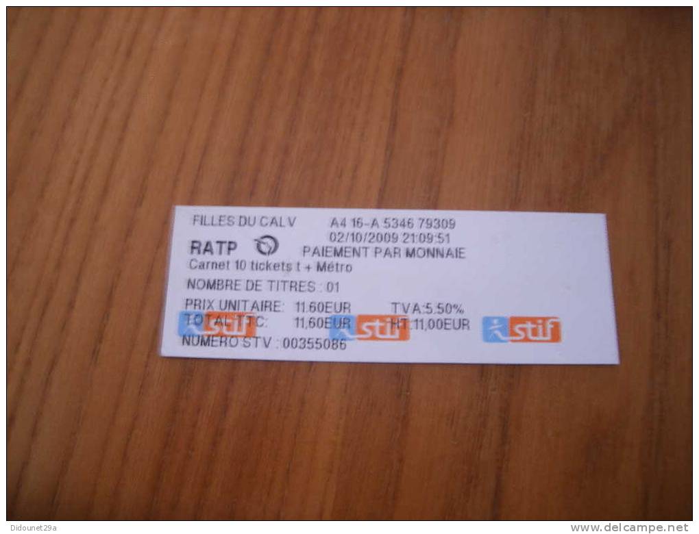 JUSTIFICATIF Paiement Ticket Stif "FILLE DU CALV" - Otros & Sin Clasificación