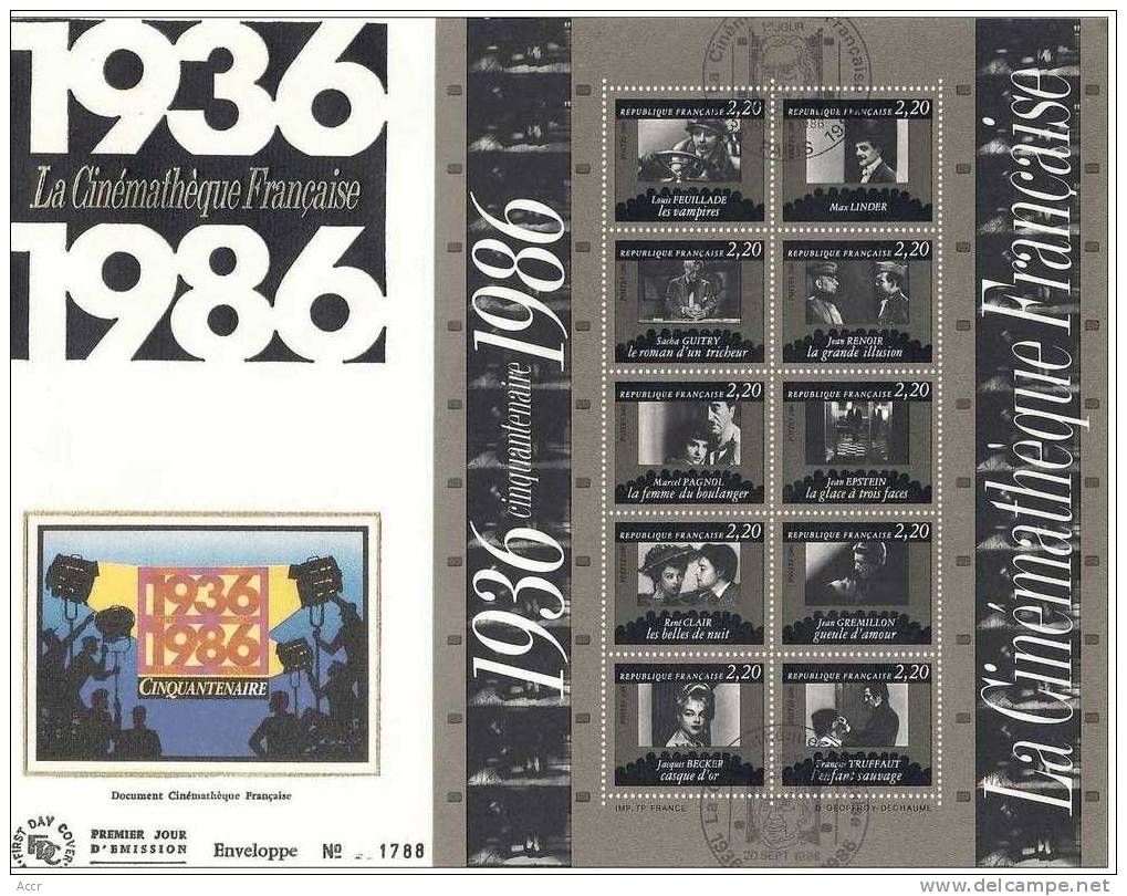 France FDC 1936-1986 BF 9	Cinquantenaire Cinémathèque Française. Feuillet. Grande Enveloppe. Cinéma - Usados