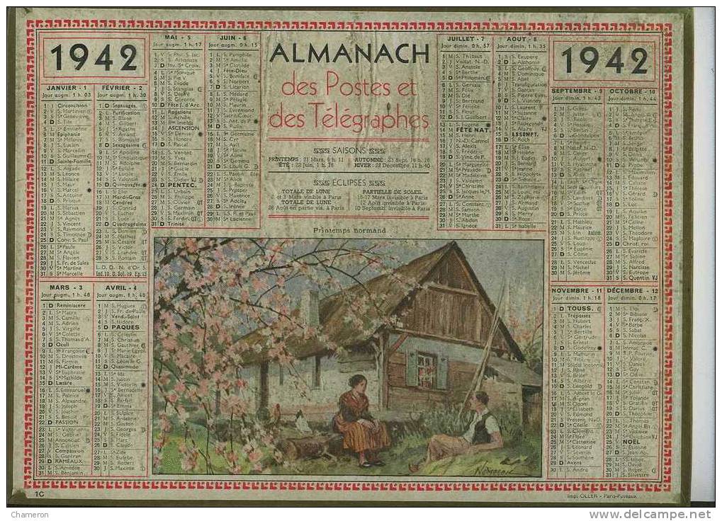 1942 - Almanach Des PTT : "Printemps Normand", Animé" - Big : 1941-60