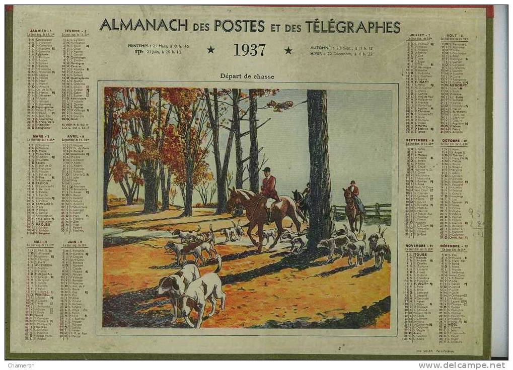 1937 - Almanach Des PTT : "Départ De Chasse" (à Courre) Très Animé, Cavaliers Et Chiens. - Big : 1921-40