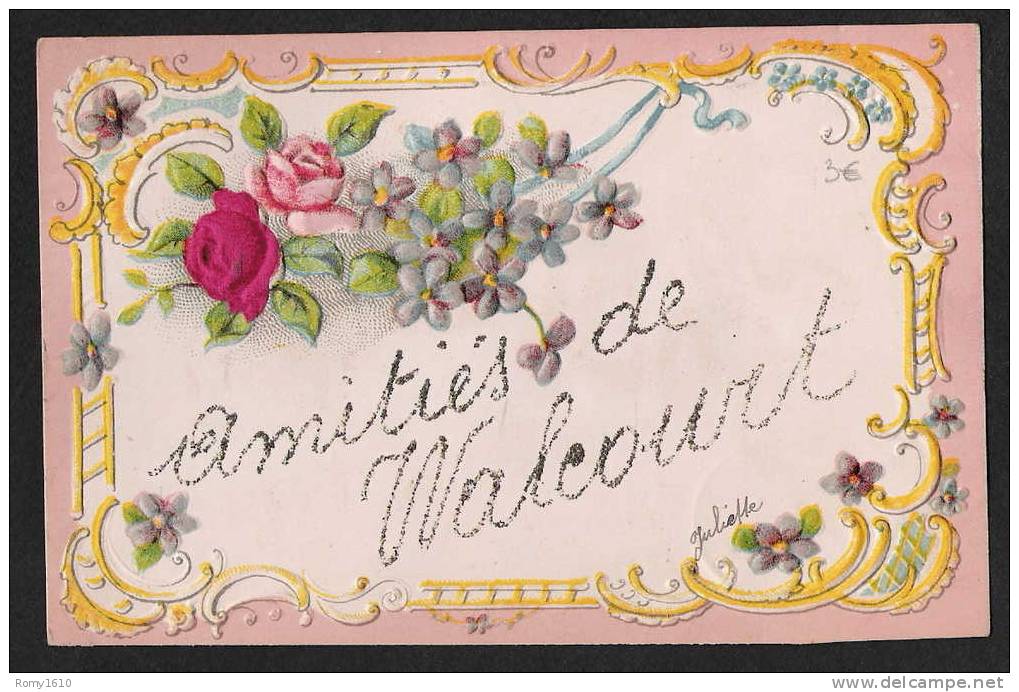 Amitiés De Walcourt. Belle Carte En Relief . Fleurs Gaufrées Et Soie. Ecrite Avec Paillettes. - Walcourt