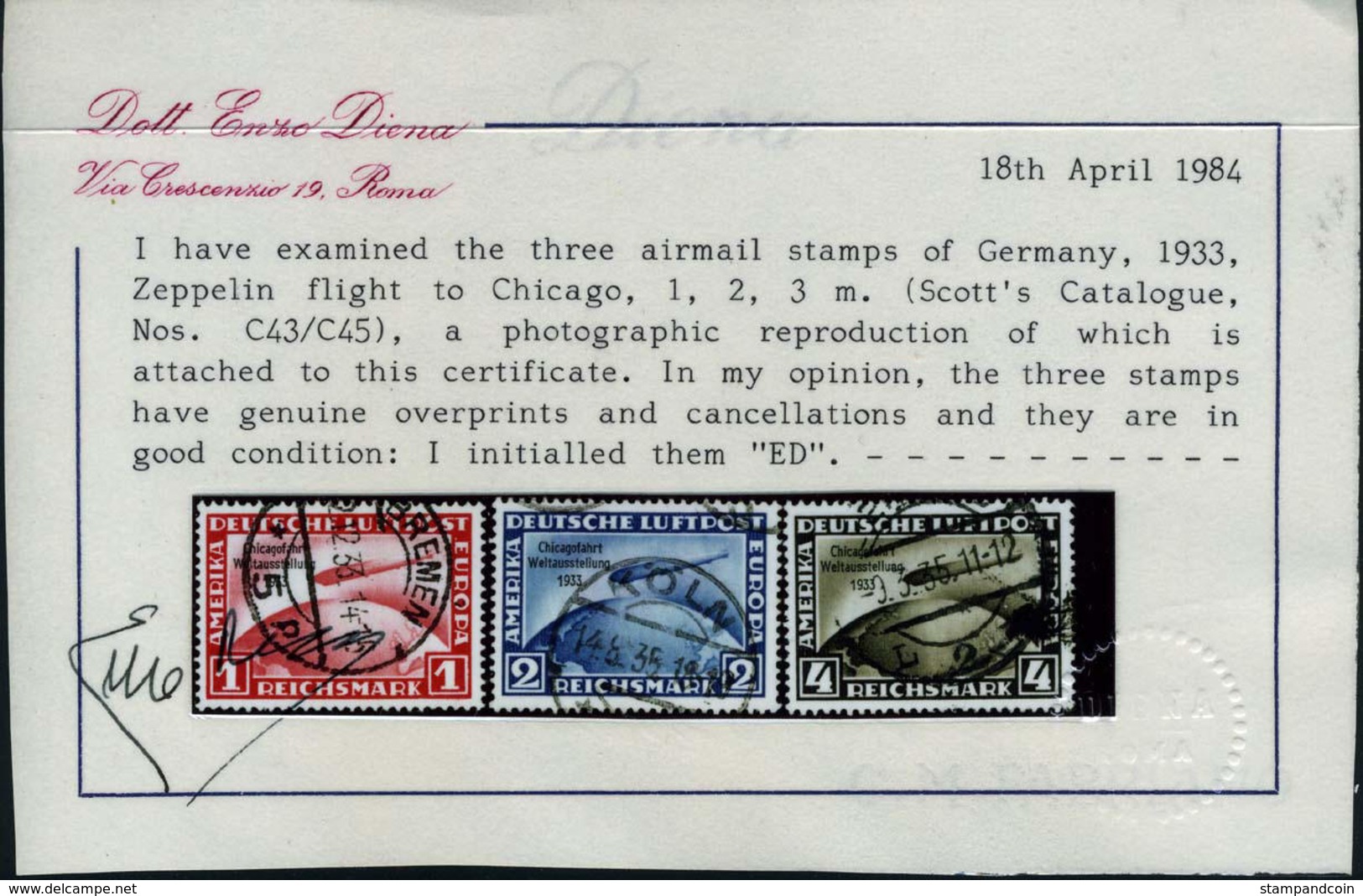 Germany C43-45 Used Airmails From 1933 W/Italian Certificate - Airmail & Zeppelin