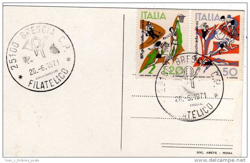 ITALIE FIRST DAY COVER GIOCHI DALLA GIOVENTU SPORTS  VOLLEY BALL / SKI / BASKET BALL / VELO / ATHLETISME - Cartoline Maximum