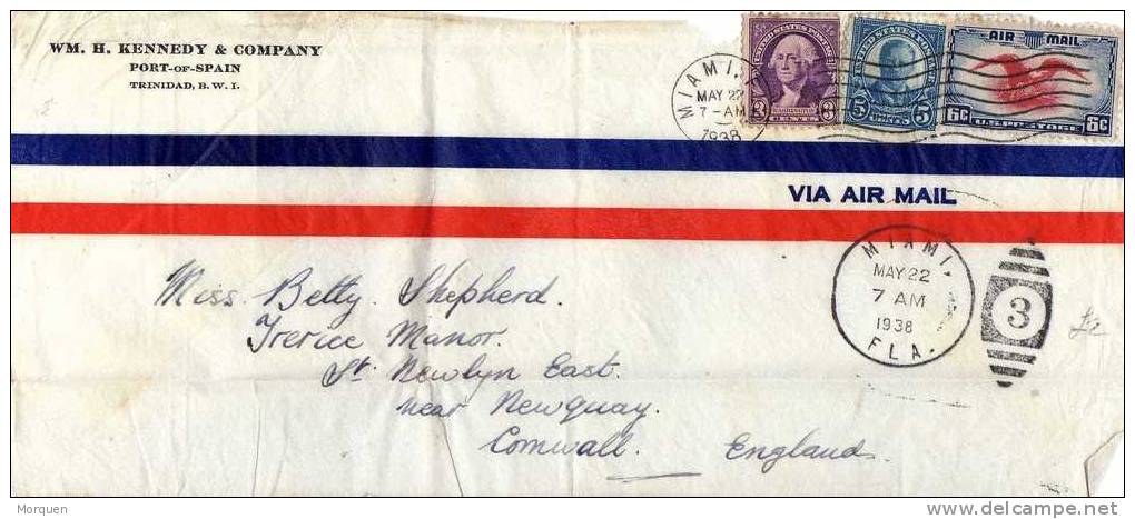 1193. Frontal Aerea MIAMI (Florida) 1938  A Inglaterra - Covers & Documents