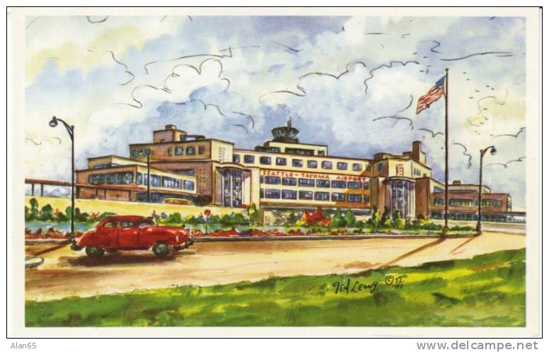 Sea-Tac Airport Lewy Artist Signed 1950s Vintage Postcard, Seattle Airport Terminal Building - Autres & Non Classés