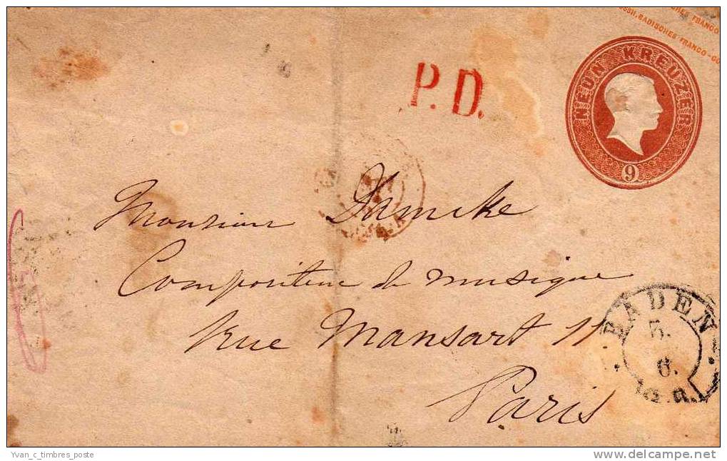 ALLEMAGNE DEVANT D ENVELOPPE ANCIENS ETATS BADE DE BADEN A PARIS - Postal  Stationery