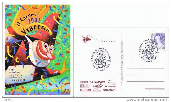 14-Carnevale-annullo Figurato Di Viareggio-Lucca-2001-su Cartolina Ufficiale. - Carnaval