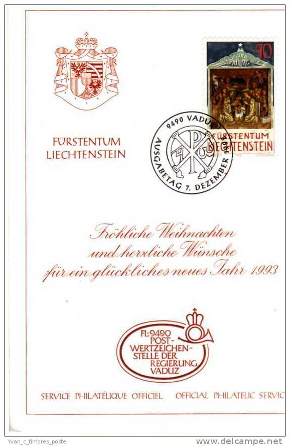 LIECHTENSTEIN MEILLEURS VOEUX 1993 - Cartas & Documentos