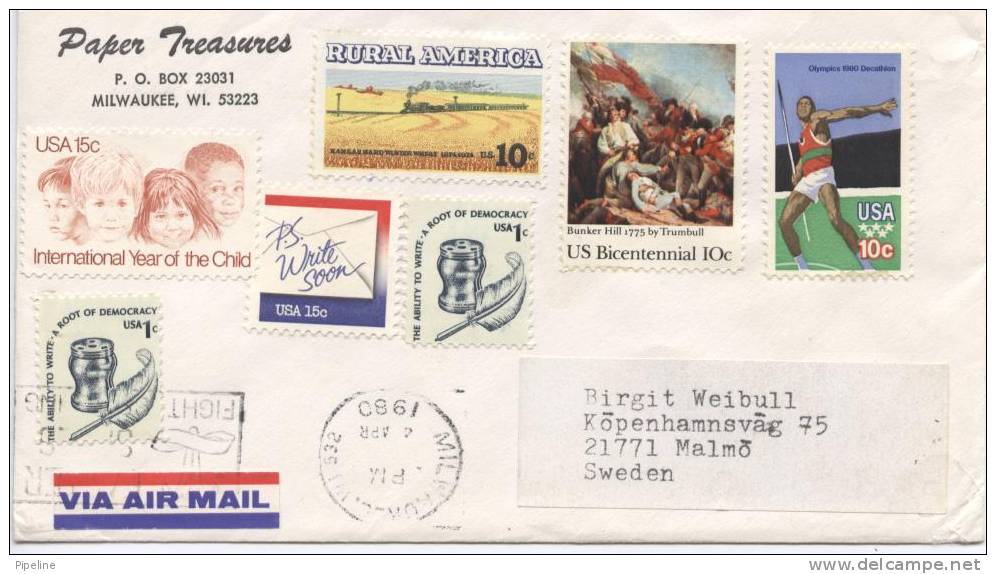 USA Cover Sent Air Mail To Sweden 4-4-1980 Multi Stamped - Lettres & Documents