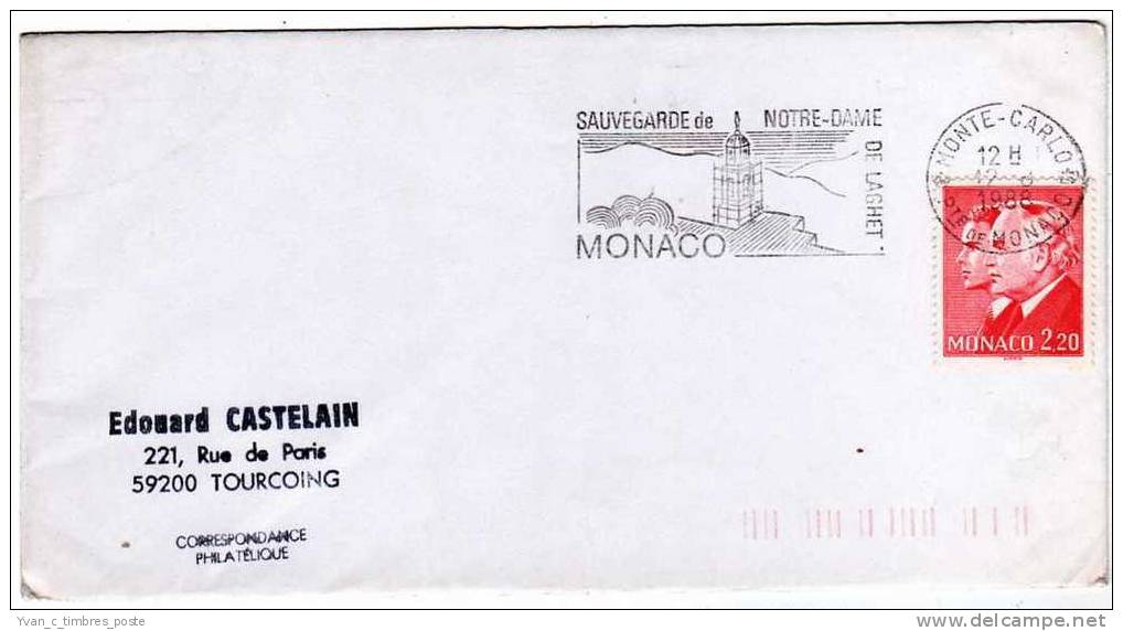MONACO LETTRE AFFRANCHISSEMENT PRINCES RAINIER III ET ALBERT II FLAMME SAUVEGARDE DE NOTRE DAME DE LAGHET - Postmarks