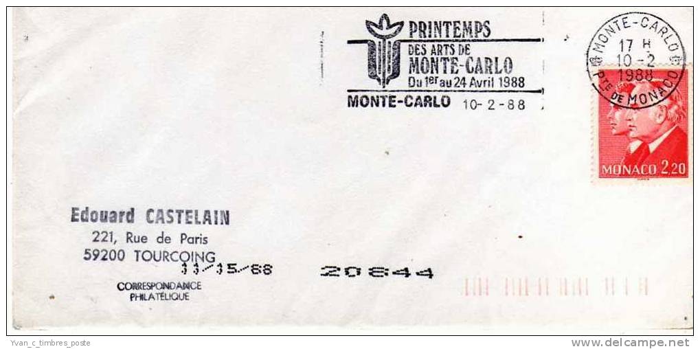 MONACO LETTRE AFFRANCHISSEMENT PRINCES RAINIER III ET ALBERT II FLAMME PRINTEMPS DES ARTS DE MONTE CARLO - Postmarks