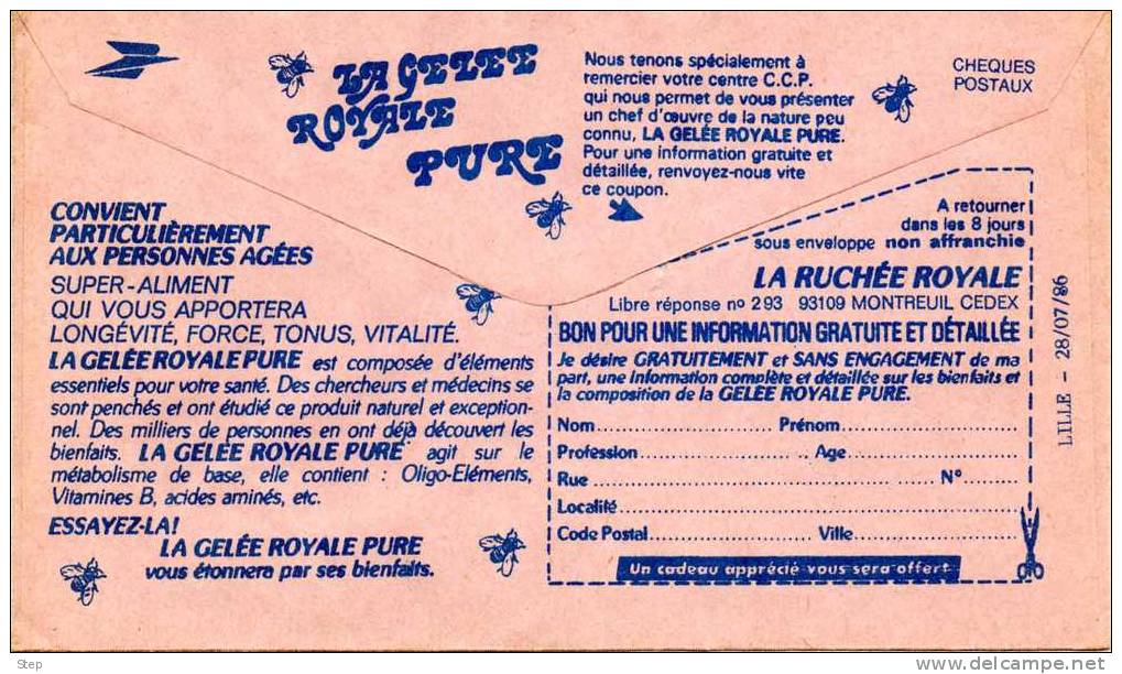 ENVELOPPE CCP 1986 : PUBLICITE Au Verso GELEE ROYALE Et ABEILLES - Abeilles