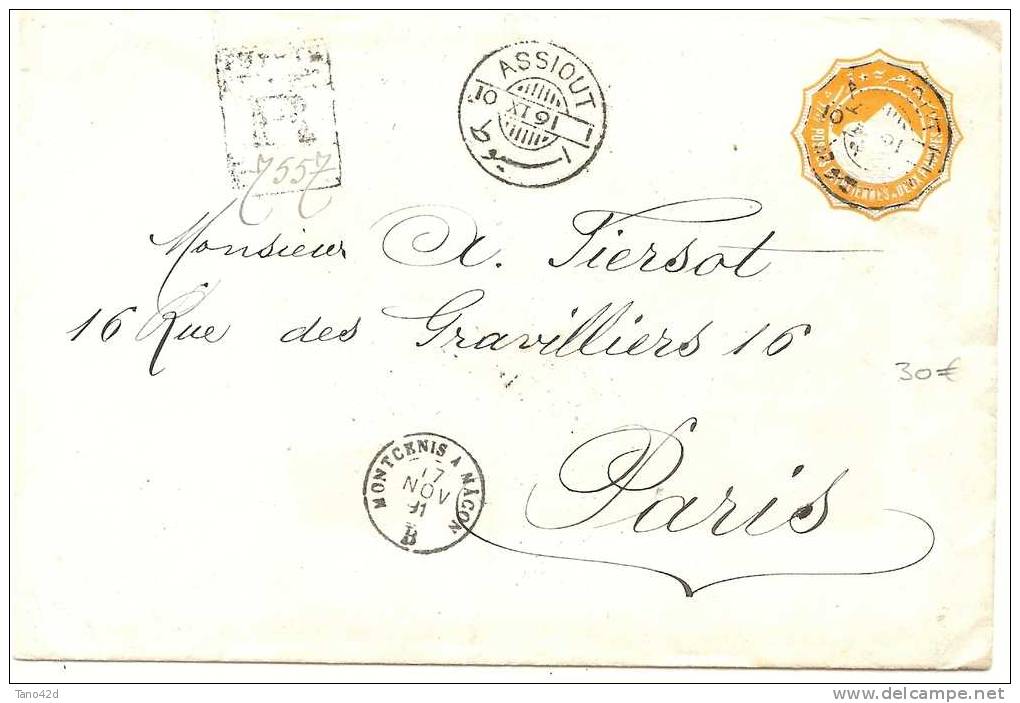 REF LBL3 - EGYPTE EP ENVELOPPE RECOMMANDEE ASSIOUT / PARIS 10/11/1891 - 1915-1921 Protectorat Britannique