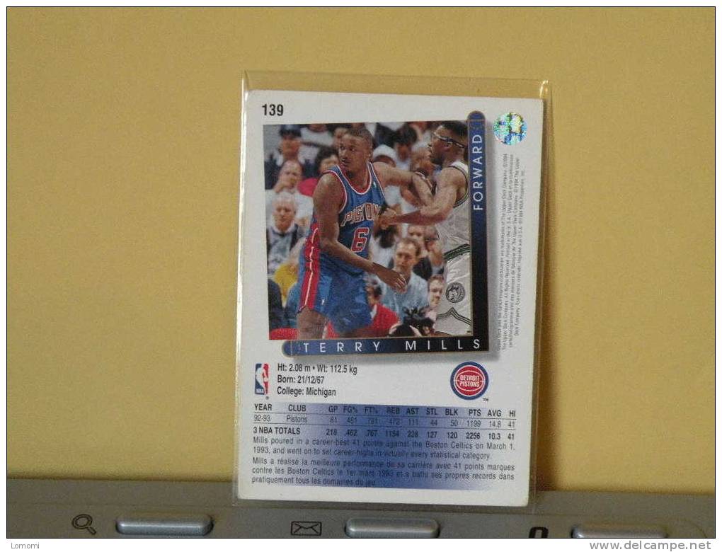 *Carte  Basketball, 1992/93/94 - Terry MILLS  - N° 139 - 2 Scan - Detroit Pistons