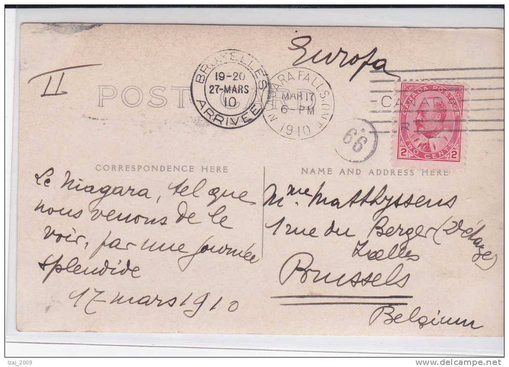 Canada.Edouard VII.1910 N°79 NIAGARA FALLS 17 MAR 1910 SCP V.BRUXELLES(IXELLES). TB - Covers & Documents