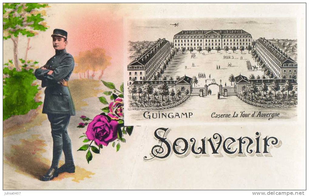 GUINGAMP (22) Carte Fantaisie Militaire Souvenir Caserne La Tour D'Auvergne - Guingamp