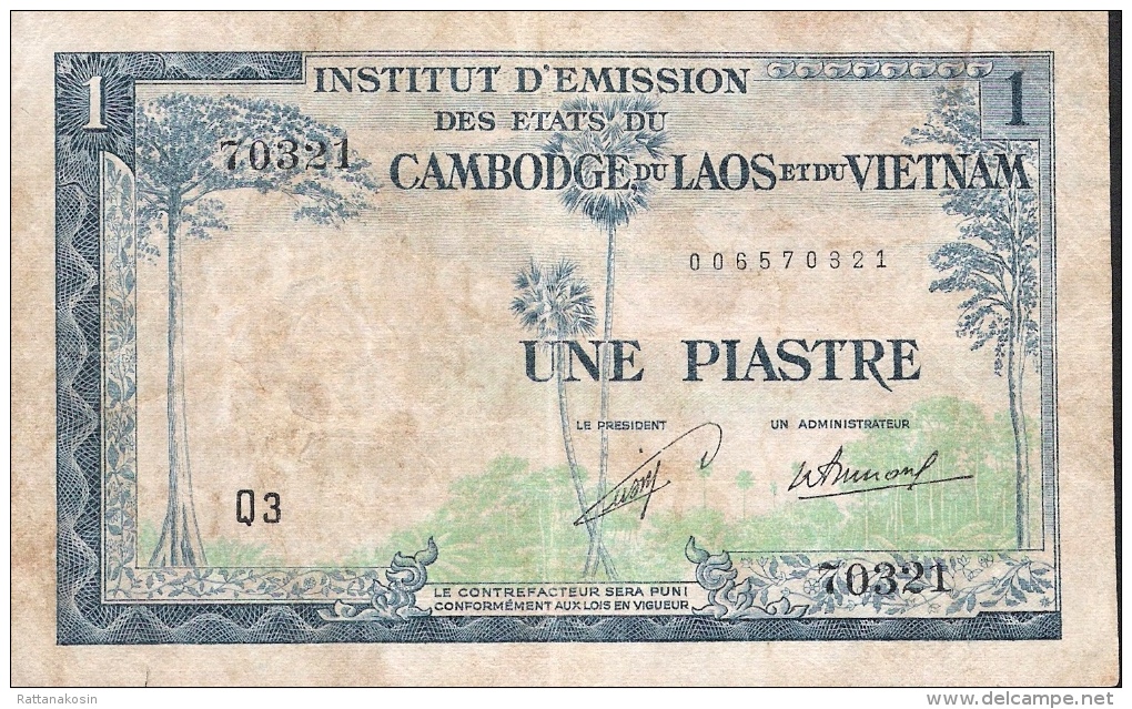 FRENCH INDOCHINA P100 1 PIASTRE = 1 KIP (1954) Sign.19 *RARE VARIETY * VF - Indochina