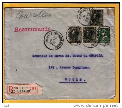 340+401 Op Aangetekende Brief Met Stempel CHAPELLE-LEZ-HERLAIMONT - 1934-1935 Leopold III