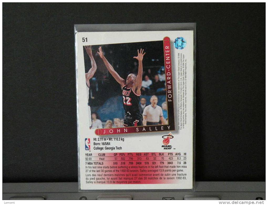 Carte  Basketball US 1992/93/94/95/96 - John SALLEY - N° 51 - 2 Scan - Miami Heat