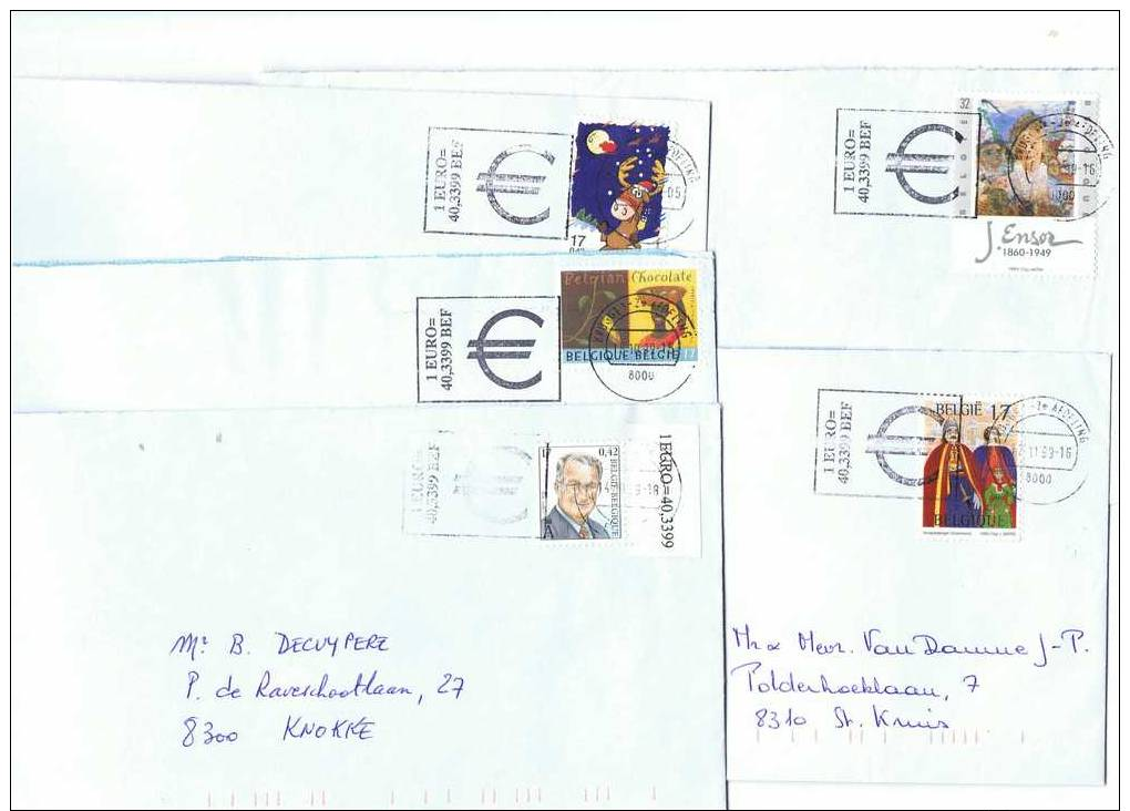 12 ENV. NORM. SLOGAN EURO  + TP MVTM Bord Inscription 1€=40.3399 + EUROFETE LIEGE  + Chocolat + NATO + ENSOR PAINTING - Lettres & Documents