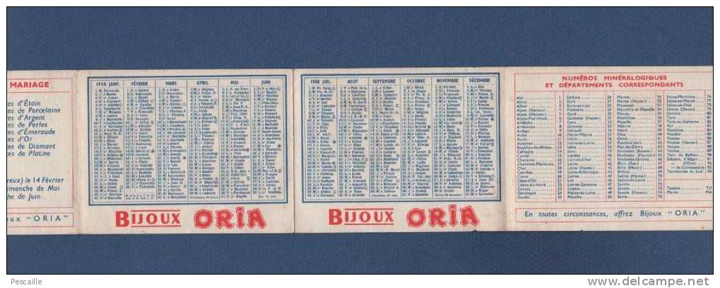 1958 / 1959 - 2 PETITS CALENDRIERS DE POCHE - BIJOUX ORIA - Tamaño Pequeño : 1941-60