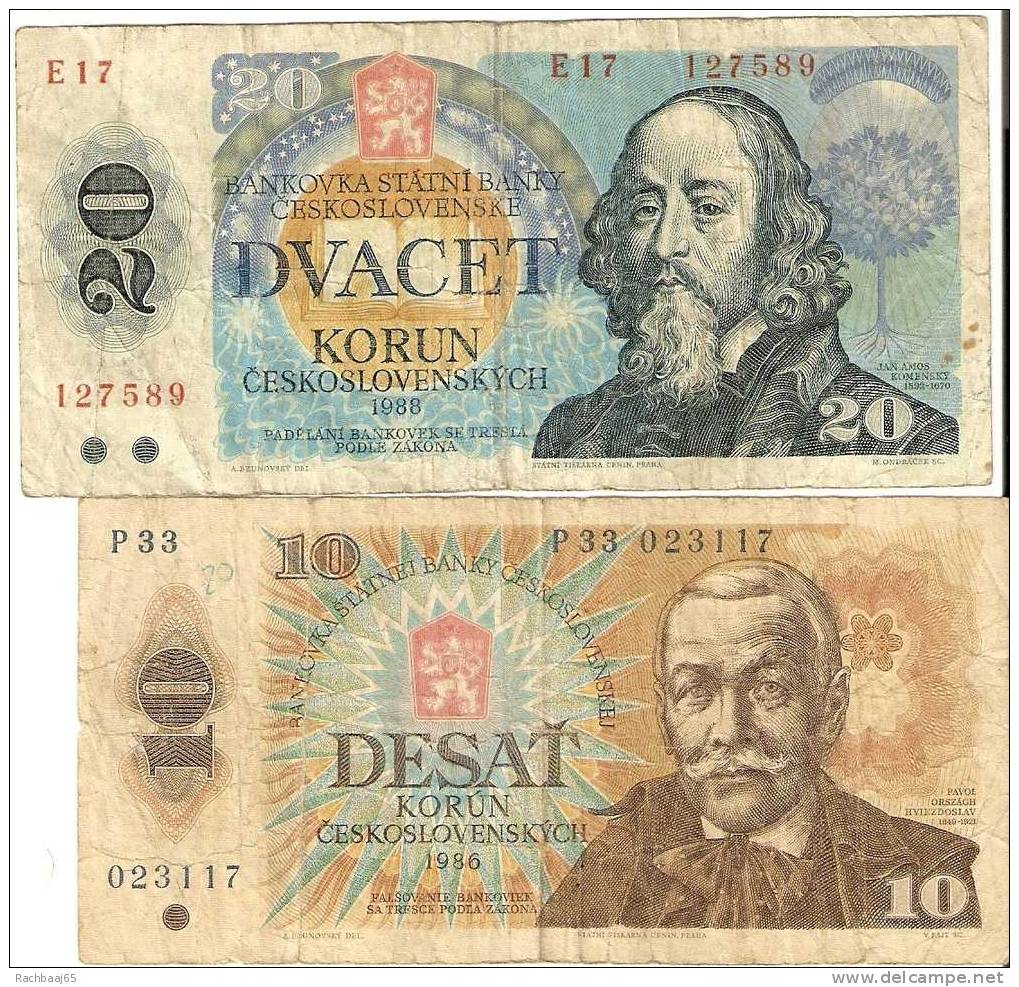 Tchécosovaquie Lot De 2 BILLET 10 Et 20 Korun 1986 Et 1988 Etat TTB - Tchécoslovaquie