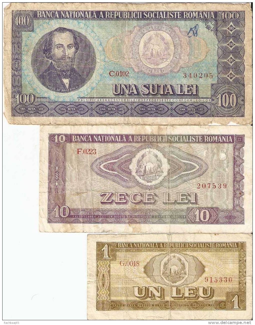 Roumanie Lot De 3billet 100-10-1 LEI 1966-1966-1966 Etat TTB      RARE - Romania