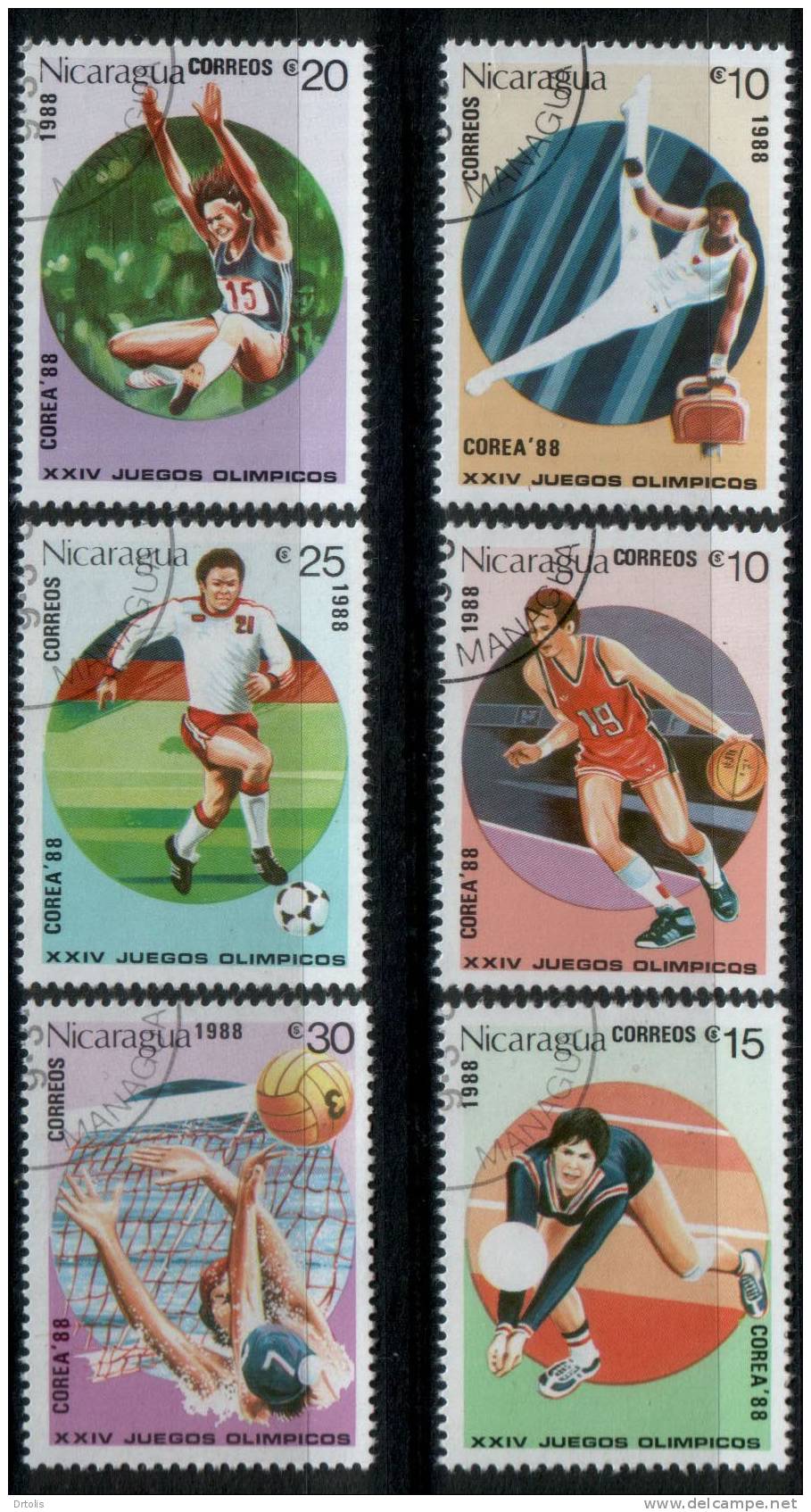 NICARAGUA / SEOUL 88 / GYMNASTICS;BASKETBALL;VOL LEYBALL;LONG JUMP;SOCCER;WATER POLO/ VF/ 2 SCANS - Summer 1988: Seoul