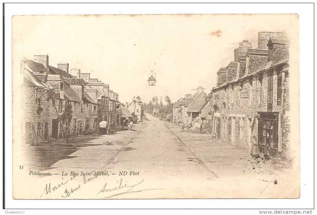 50 -   PONTORSON  -  La Rue Saint-Michel - Carte Précurseur - Animée  Attelages Cheval - Café DES FEUX St AUMONT - Pontorson