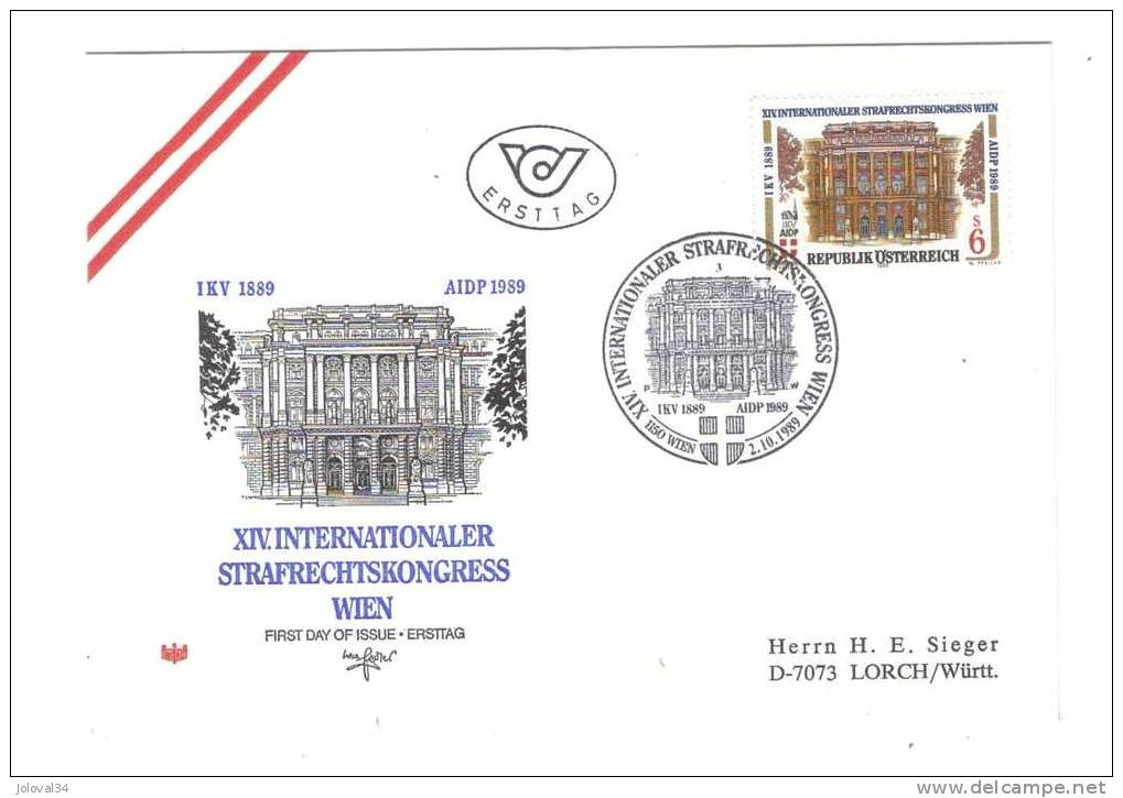 Autriche Lettre FDC Yvert 1800 - 02/10/1989 - AIDP - Droit Pénal - Justice - FDC