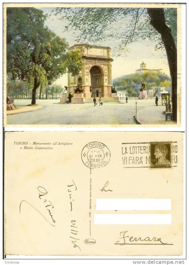 Torino: Monumento Dell' Artigliere E Monte Cappuccini. Particolare Cartolina Viaggiata 1936 - Other Monuments & Buildings