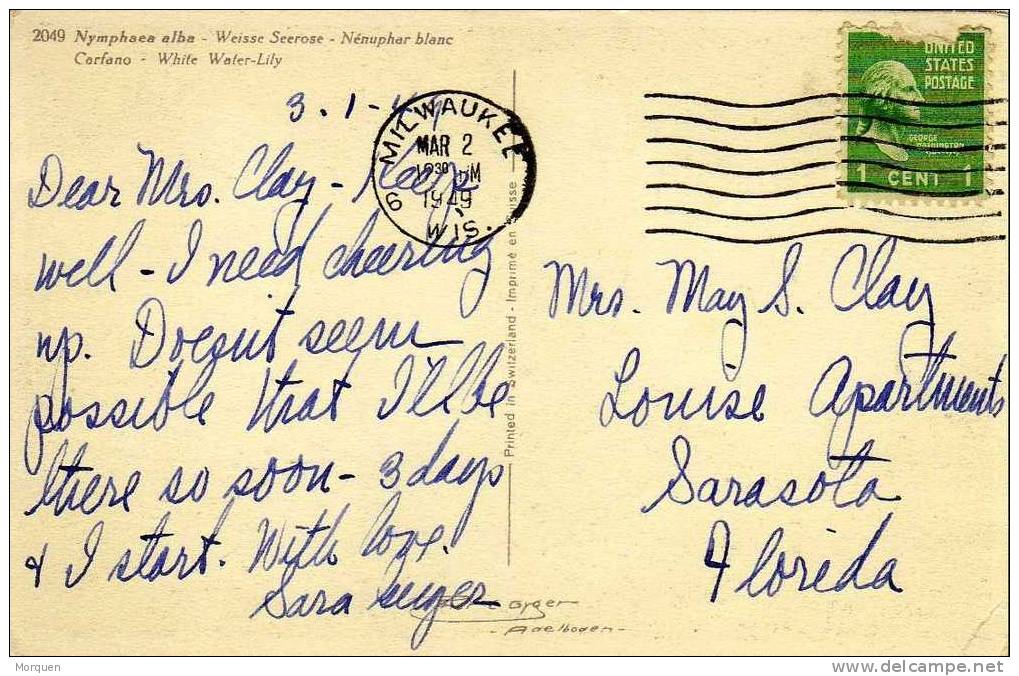 1286. Postal MILWAUKEE (wisconsin) 1949. Nenuphar - Briefe U. Dokumente